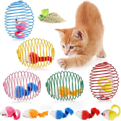 Jecery 5 Pcs Cat Spring Balls Toys Stretchable Rolling Balls Colorful Playful Coils Interactive Action Toy Caged Rats for Kitten Pet Supplies (Catnip Rats,Bright Color)