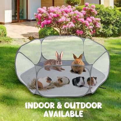 Pawaboo Small Animals Playpen with Pad, Waterproof Small Pet Cage Tent with Reusable Pad, Portable Outdoor Yard Fence for Chick/Kitten/Puppy/Guinea Pig/Rabbits/Chinchillas, Gray+Gray