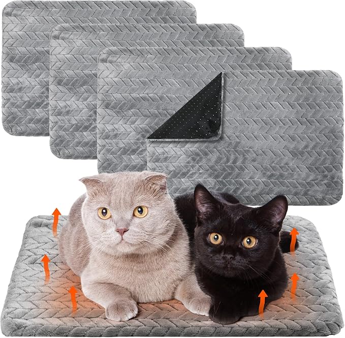 Drydiet 4 Pack Self Warming Cat Bed Mat Self Heating Pad for Dog Extra Warm Winter Pet Pad Washable Thermal Pads Mats for Pets Indoor Outdoor(Gray,20 x 28 Inch)