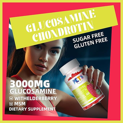 Pets Purest Glucosamine Chondroitin Gummies with MSM & Elderberry Extra Strength - Joint Support, Antioxidant Immune Support Supplement for Adults, Men & Women.Strawberry
