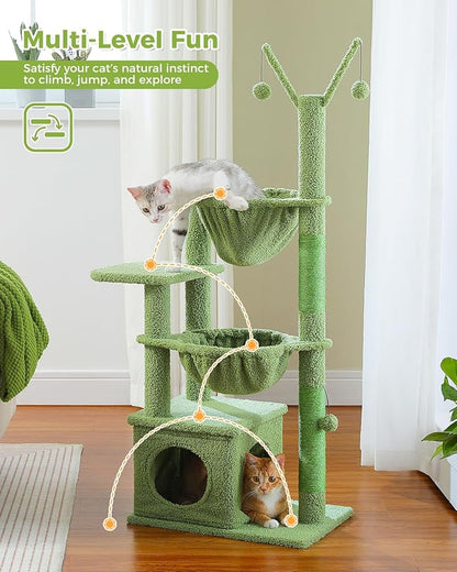 MUTTROS Cactus Cat Tree, 47.6" Cat Tower with 2 Metal Frame Hammock, Cat Scratching Post for Indoor Cats with 2 Removable Pompom Sticks for Kittens, Green