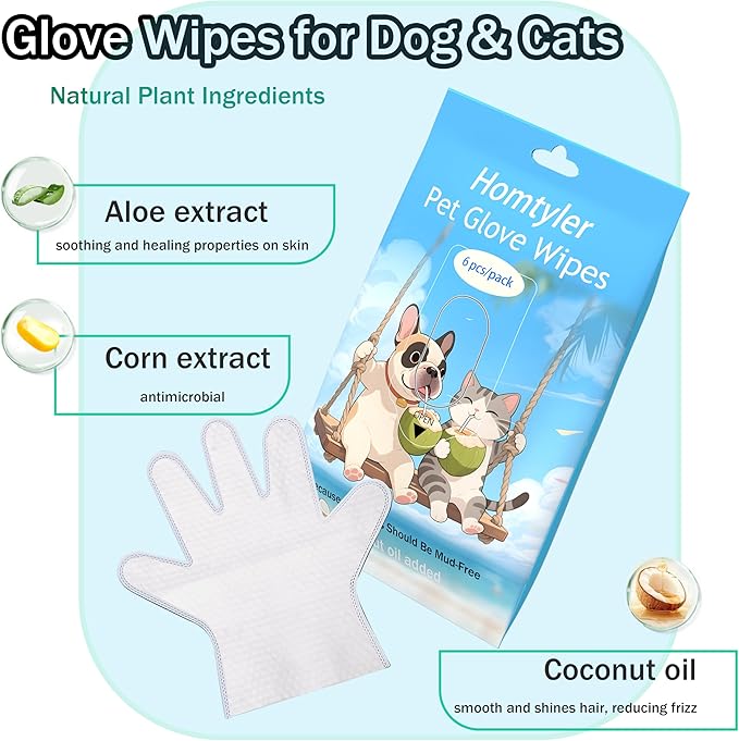 Homtyler Dog Wipes & Cleaning Gloves 2-in-1 for Dogs and Cats, Extra-Thick Pet Wipes with Coconut Oil for Lick-Safe Paws, Eyes, Ears & Body, Rinse-Free Waterless Bath for Deodorizing&Cleansing, 18 PCS