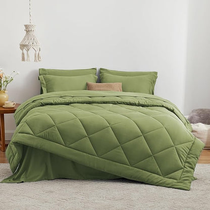 Love's cabin Twin Comforter Set Olive Green, 5 Pieces Twin Bed in a Bag, All Season Bedding Sets with 1 Comforter, 1 Flat Sheet, 1 Fitted Sheet, 1 Pillowcase and 1 Pillow Sham