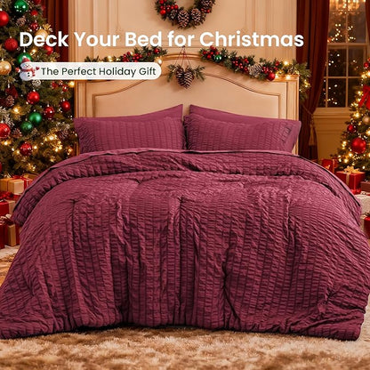 Love's cabin Seersucker Burgundy Twin Comforter Set, 5-Piece All Season Lightweight Bed in a Bag Bedding Set with Comforter, Flat Sheet, Fitted Sheet, Pillowcase and Sham | Soft, Breathable, Lightweight