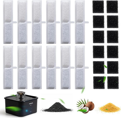 Cat Water Fountain Filters, Catsfoutek Fountains for Cats Indoor 12 Pack Replacement Filters & 12 Pack Replacement Pre-Filter Sponges Set for 74oz/2.2L Automatic Pet Dog Water Dispenser