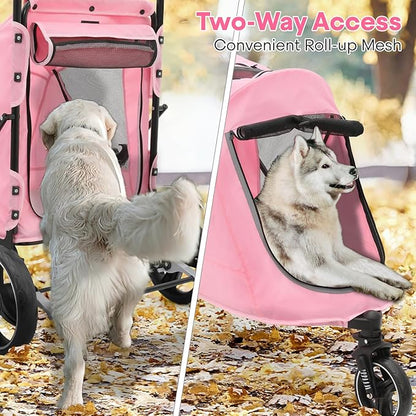 Pet Stroller for Large Dogs or Multiple Dogs Cats with Adjustable Handle, 3-Wheels Dual Entry Visible Portable Dog Carting Easy Folding Pet Wagon Double Dog Stroller up to 55 lbs, Pink