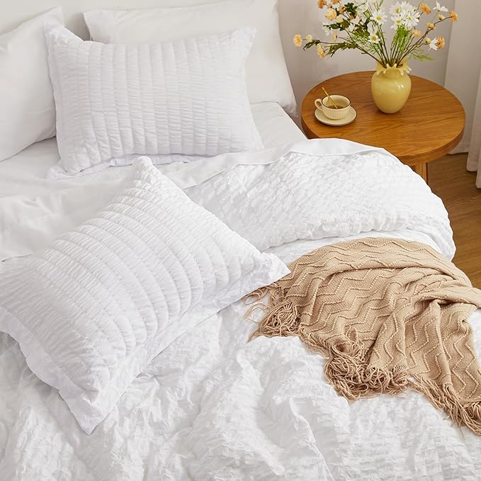 Love's cabin Seersucker White King Size Comforter Set, 7-Piece All Season Lightweight Bed in a Bag Bedding Set with Comforter, Flat Sheet, Fitted Sheet, Pillowcases and Shams | Soft, Breathable, Lightweight