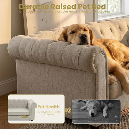 Elevated XL Large Dog Sofa with Backrest and Armrests, 55" Button Tufted Dog Couch Bed with Soft Cushion for Large Dogs, Stylish Lounging Bed Pet Couch Chair, 120Lbs Weight Capacity, Beige