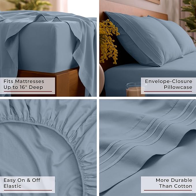 Mellanni Twin XL Sheet Set - 4-Piece Iconic Collection Bedding, (Including 2 Pillowcases), 16-Inch Deep Pocket, Easy Care, Extra Soft, Cooling Sheets, Brushed Microfiber - Blue Hydrangea
