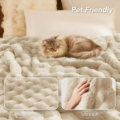 L'AGRATY Faux Rabbit Fur Blanket: 90" x 90" Queen Luxury Soft Fluffy Thick Fur Throw Blanket for Couch Bed Sofa - Cozy Plush Bubble Blankets for Winter: Flannel Fleece Decorative Blanket(Almond White)