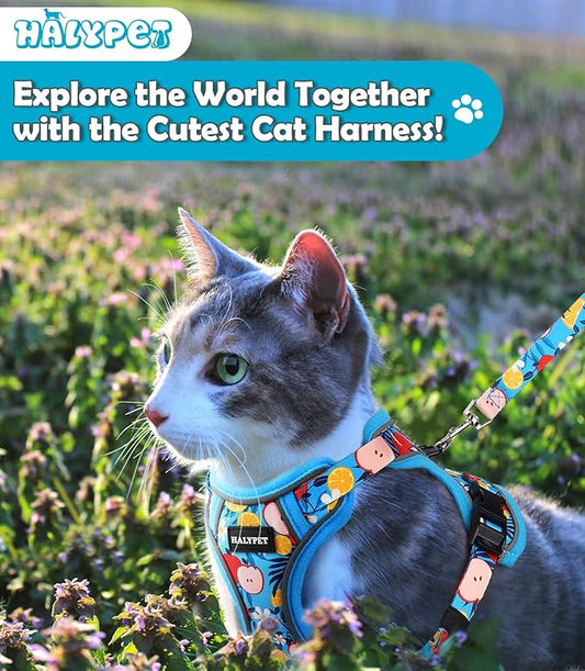 Halypet Cat Harness and Leash Set[MAX Safety 4th-Gen] Cute Escape Proof Vest Harness for Girl&Boy Cat Walking, Comfortable Adjustable Leash and Reflective Strips for Outdoor Kitten, XS Azure Floral