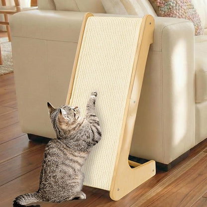 PETKARAY L Shape Cat Scratcher, Sisal Kitty Scratching Ramp, Vertical Scratch Pad for Indoor Cats, 25.2" Furniture Protector with Catnip, White