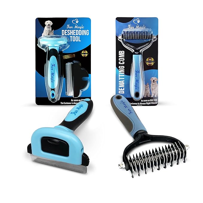 Fur Magic Large Deshedding Tool & Dematting Comb – Grooming Brushes for Dogs, Cats, Horses – Reduce Shedding and Remove Knots, Mats and Loose Undercoat