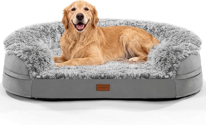 iweepet 3.7 inch Thickened Orthopedic Dog Beds for Extra Large Dogs, Fluffy Supportive Dog Sofa Bed with 28D Egg-Crate Foam, Removable Washable Cover, Waterproof Lining, Cozy Oval Design,Grey