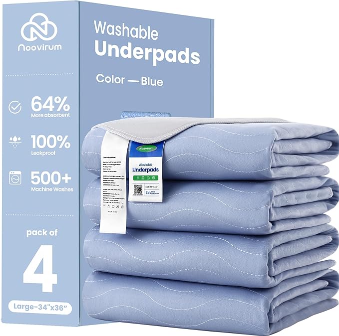 Noovirum® Washable Underpads,34"x36" (Pack of 4) Blue - Heavy Absorbency Incontinence Bed Pads for Adults, Kids & Pets - Waterproof Reusable Protective Pad for Bed, Sofa, Furniture & Floor