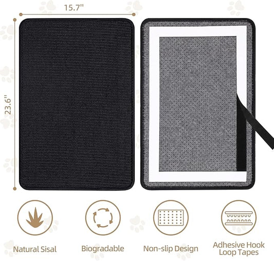Graciadeco Black Cat Scratching Mat Sisal, 2 Packs Sisal Fabric Large Cat Scratching Pad for Indoor Cats with Adhesive Hook Loop Tape, Wall Scratchers for Indoor Cats 23.6" x 15.7"