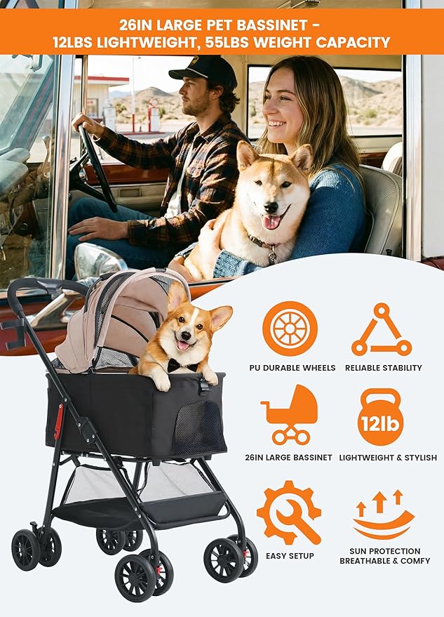 MILA&LOUIS Dog Stroller, 26" Pet Cradle for Medium Dog, Lightweight Foldable Dog Stroller for Multiple Small Pets Durable PU 4-Wheel Dog Strollers, Pet Stroller for Dogs & Cats up to 55Lbs