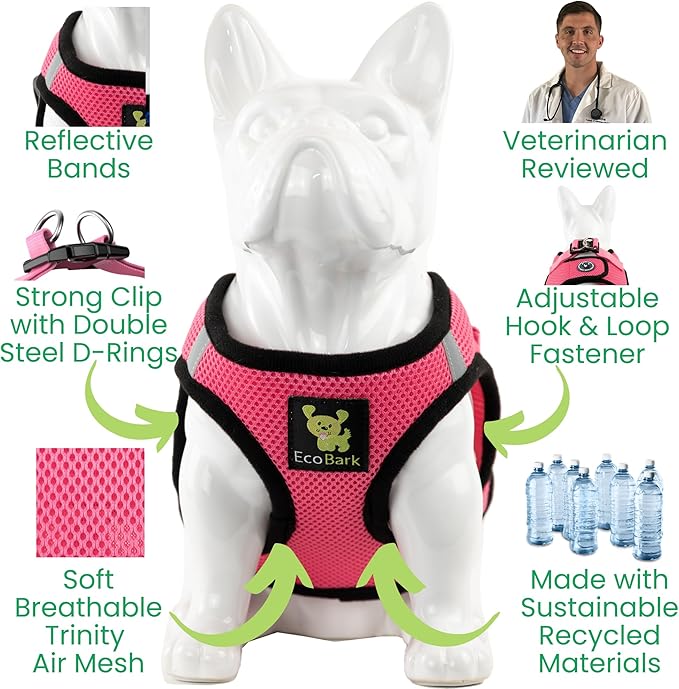 EcoBark Step in Dog Harness - Eco-Friendly Teacup Dog Harnesses for XXS, XS, and Small Dogs - Reflective and Adjustable Mini Body Halter Vest -Tiny Soft Mesh Harness Under 5 lbs (Bubblegum Pink, XXXS)