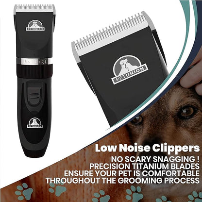 Pet Union Professional Dog Grooming Kit, Rechargeable, Cordless, Low Noise Dog Clippers for Grooming Thick Coats - Clippers, Nail Trimmer, Complete Grooming Set for Dogs, Cats and Other Pets (Chrome)