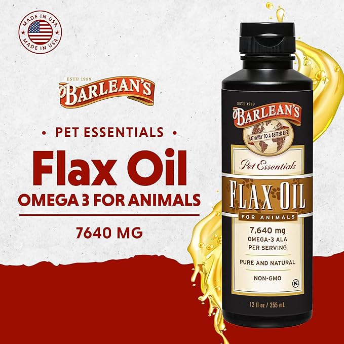 Barlean's Flaxseed Oil for Animals, Pet Essential Liquid Omega 3 Fatty Acids Cat and Dog Oil Supplements for Skin and Coat, Omega 3 for Dogs, Cats and Other Pets, 12 oz