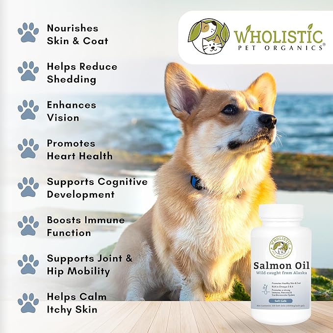 Wholistic Pet Organics Wild Alaskan Salmon Oil for Dogs and Cats - Omega 3 Fish Oil for Dogs & Cats - Cat & Dog Skin and Coat Supplement, Heart and Joint Health - DHA, EPA Omega 3 6 9-100 Soft Gels