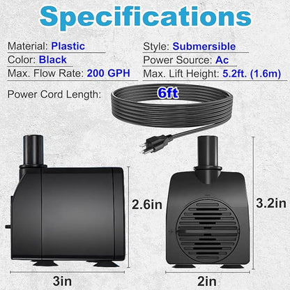 Knifel Submersible Pump 200GPH Ultra Quiet with Over Heating Protection 5.2ft High Lift for Fountains, Hydroponics, Ponds, Aquariums & More…