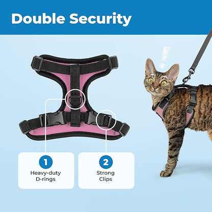 Voyager Escape-Proof Step-in Lock Cat Harness & 5ft Neoprene-Handle Leash Set All-Weather Mesh with Reflective Stitching for Small to Large Cats by Best Pet Supplies, Black Trim-Pink (327), S