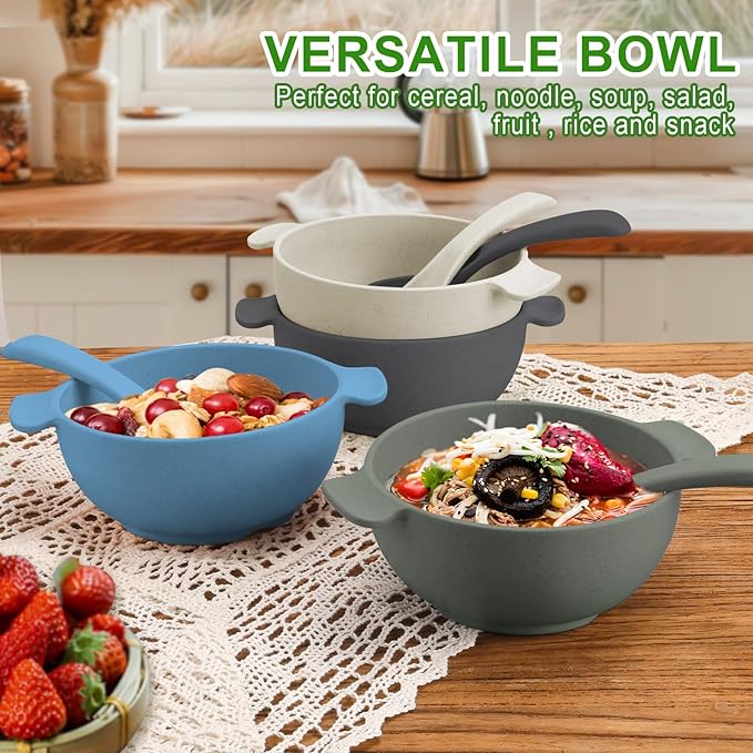 shopwithgreen Unbreakable Kids Bowls -Microwave Dishwasher Safe- Wheat Straw Snack Bowl Sets for Kids and Toddler-4 Bowls and 4 Spoons, Lightweight and Durable, 14 OZ