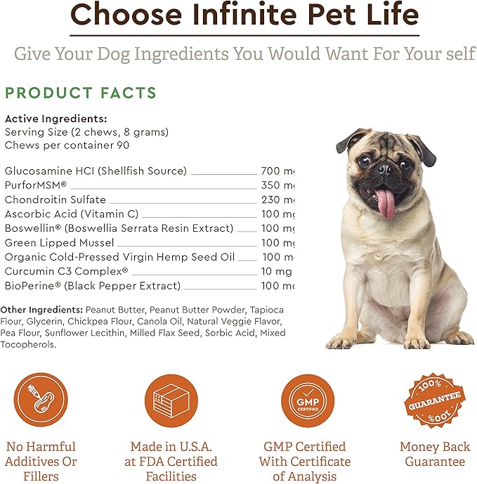 Infinite Pet Life Ultimate Hip & Joint Chews for Dogs – Peanut Butter Flavor – Glucosamine, Chondroitin, MSM & Turmeric – Advanced Joint Support for Dogs 90 Soft Chews
