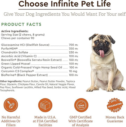 Infinite Pet Life Ultimate Hip & Joint Chews for Dogs – Peanut Butter Flavor – Glucosamine, Chondroitin, MSM & Turmeric – Advanced Joint Support for Dogs 90 Soft Chews