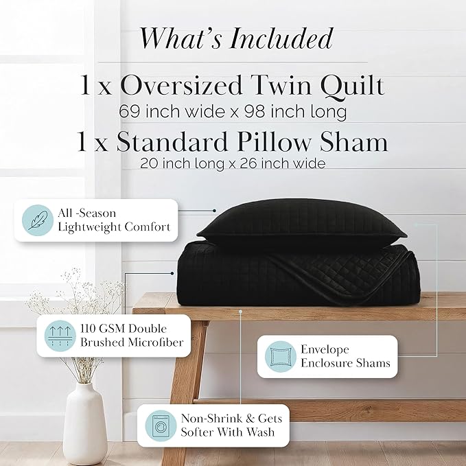 Southshore Fine Living, Inc. Twin XL Quilt Bedding Set, Dorm Room Bedding Essentials, Stain Resistant, Machine Washable Bedspread, XL/Twin Black Quilt Comforter Set/Bedspread with Pillow Sham, Black