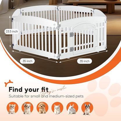 HealSmart 6 Panel Dog Playpen, 24” Exercise Puppy Playpen with Door, Safe, Secure, Folding & Portable Pet Playpen for Indoor & Outdoor Use, Suitable for Puppies and Small, White