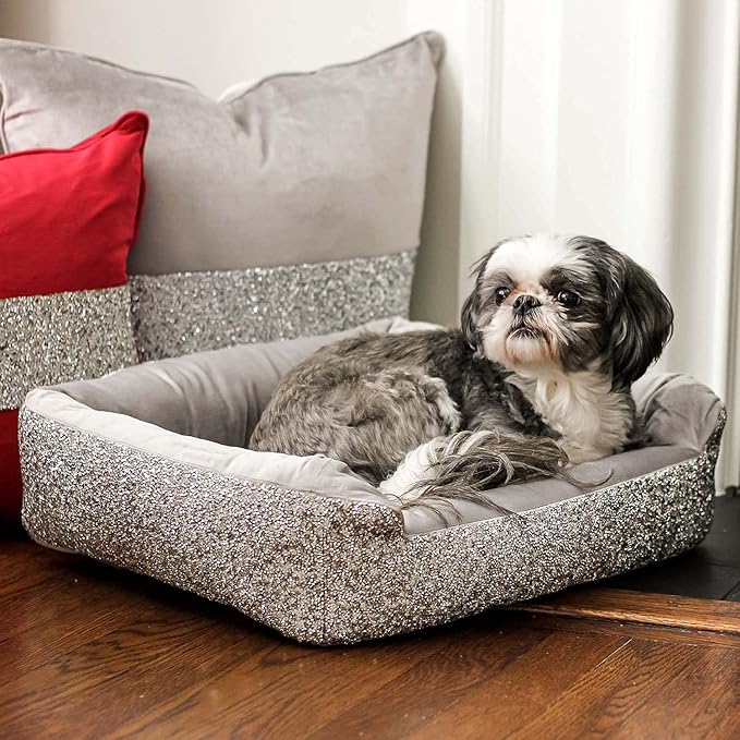Sparkles Home Pet Bed, Sparkling Rhinestones, Soft, Comfortable Velvet, for Lounging Dogs, Cats, Pets, Silver, Large, Sold Individually