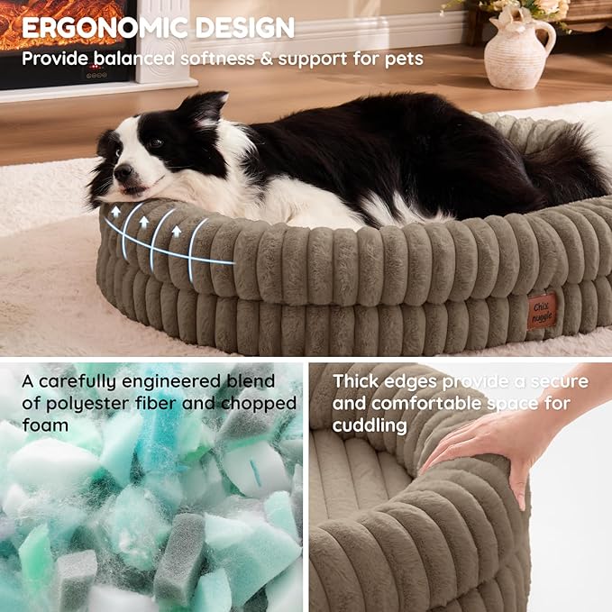 ChiXnuggle XL Dog Bed - Luxury Striped Faux Fur Waterproof Pet Couch with Removable Washable Cover, Orthopedic Dog Bed with Bolster Sides for Sleeping, Taupe