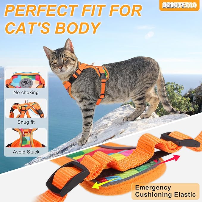 BEAUTYZOO Cat Harness and Leash for Walking, Escape Proof Soft Adjustable Vest Harnesses for Small Cats Kittens, Easy Control Breathable Reflective Strips Jacket, Orange, S