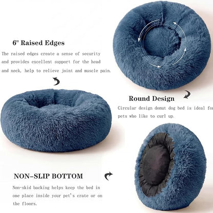 Calming Donut Dogs Beds for Small Dogs Washable,23inch Plush Round Pet Bed for Cozy Sleep,Fluffy Faux Fur Large Cat Bed,Fits up to 25 lbs Pets,Navy Blue