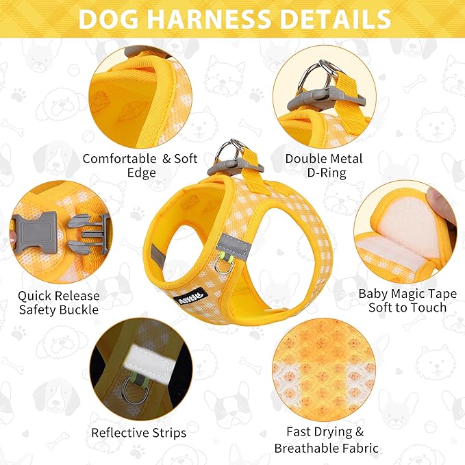 AIITLE No Pull Dog Harness and Leash Set, Step in No Chock Soft Mesh Dog Harnesses Reflective for Extra-Small Puppy Dogs and Cats, Plaid Dog Vest Harness for Pets Yellow XXS
