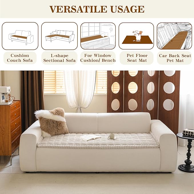 MYSKY HOME Couch Covers for 3-4 Cushion Sofa Pet Friendly, Couch Cover for Dogs, Sofa Covers for Pets Washable, Soft Non-Slip Sofa Slipcovers Furniture Protector Covers, Oatmeal, 27.6" x 82.7"