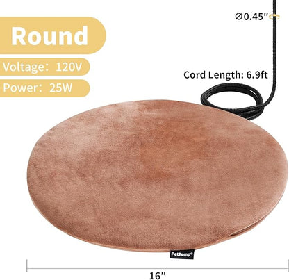 Pet Heating Pad for Cats Dogs Indoor & Sheltered Outdoor Waterproof Heated Cat Bed Heated Dog Bed Chew Resistant Cord Constant Temperature Brown Round 16 Inch