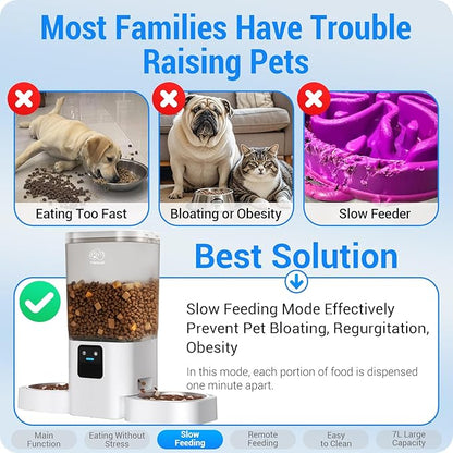 Frienhund Automatic Cat Feeders 2 Cat with Slow Feed: 7L Dual Automatic Dog Feeder with 5G WiFi, Double Auto cat Food Dispenser for Multiple Pets, Detachable for Easy Clean - 29 Cup (ACF190W-B)
