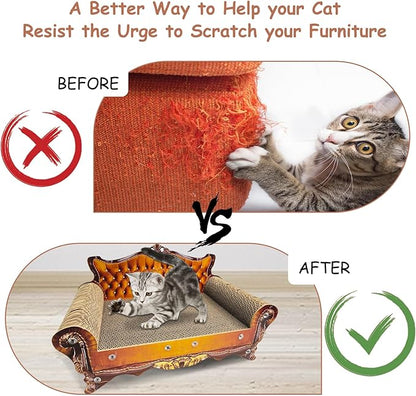 Luxury Cardboard Cat Scratcher Sofa Bed, Couch Shaped Cat Scratching Board, Scratch Lounge with Catnip, Scratcher for Indoor Cats(Brown)