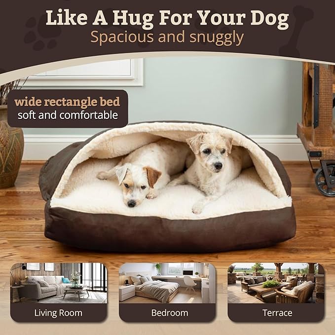 Snoozer Rectangle Cozy Cave Dog Bed - Indoor Dog Bed with Cover Cave, Covered Calming Burrow for Medium & Large Sized Pets with Blanket Attached, Enclosed, Washable Cover - Large, Hot Fudge