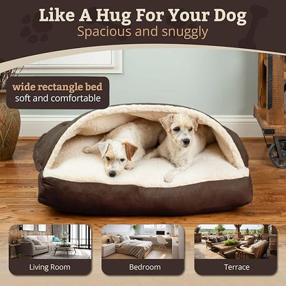 Snoozer Rectangle Cozy Cave Dog Bed - Indoor Dog Bed with Cover Cave, Covered Calming Burrow for Medium & Large Sized Pets with Blanket Attached, Enclosed, Washable Cover - Large, Hot Fudge
