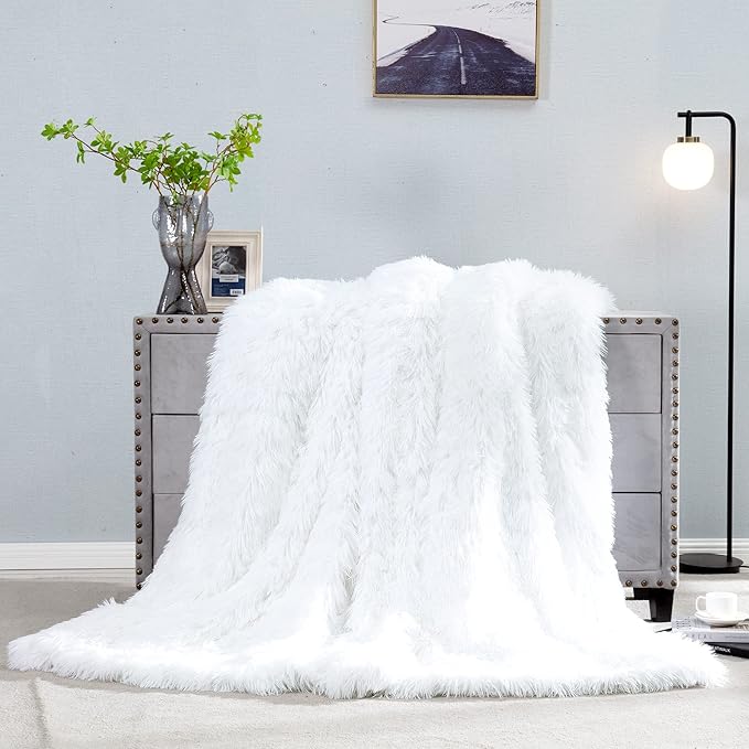 JONIYEAR Extra Large Decorative Fluffy Faux Fur Blanket Queen Size 80" x 90", Soft Luxury Lightweight Furry Blankets, Solid Cozy Shaggy Plush Thick Warm Fuzzy Blankets for Winter Bed Couch, White