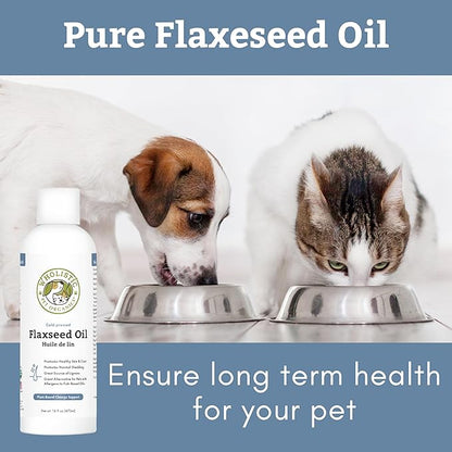 Wholistic Pet Organics Flaxseed Oil for Dogs and Cats - 16 Oz - Omega 3 for Dogs and Cats - Cat & Dog Skin and Coat Supplement for Itchy Skin, Shedding - Omega 3 6 9 Liquid Food Topper - 90 Day Supply