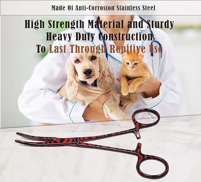 Dog Pet Ear/Nose Hair Puller Grooming Hemostat Locking Forceps Curved Pliers, 5.5" (14cm) Full Serrated Clamps Stainless Steel (Red Candy Swirls)