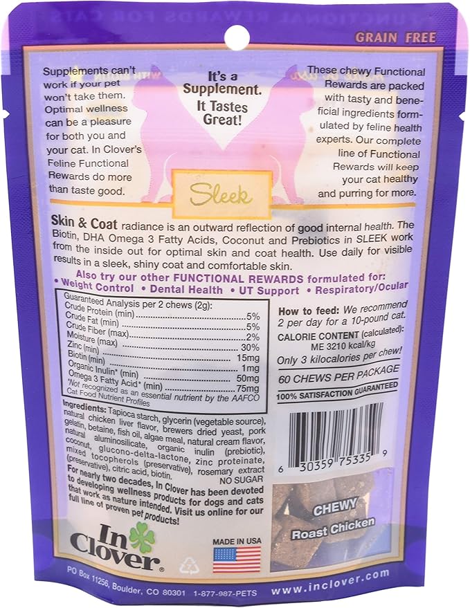 In Clover Sleek Daily Skin, Coat, and Hairballs Support Soft Chews for Cats