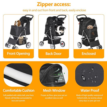 Pet Stroller for Dogs, Black 4 Wheels Cat Strolling Cart Foldable Travel Carrier, Waterproof Puppy Jogger Stroller with Storage Basket & Cup Holder