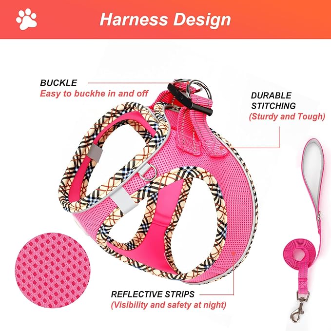 Hipubby Dog Harness Small Sized and Leash Set, No Pull Soft Mesh Puppy Vest, Reflective Breathable Lightweight Pet Harness, Harness for Small Medium Dogs and Cats - Rose Red/Khaki Trim, L