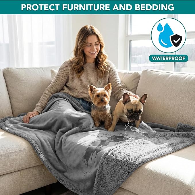 PetAmi Waterproof Dog Blanket for Medium Large Dog Puppy Cat Throw for Couch Cover Leakproof Protection, Sherpa Fleece, Reversible Soft Washable 60x40 Light Gray